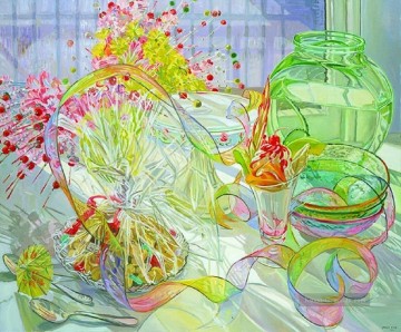 blossoming flowers and glass wares JF realism still life Ölgemälde